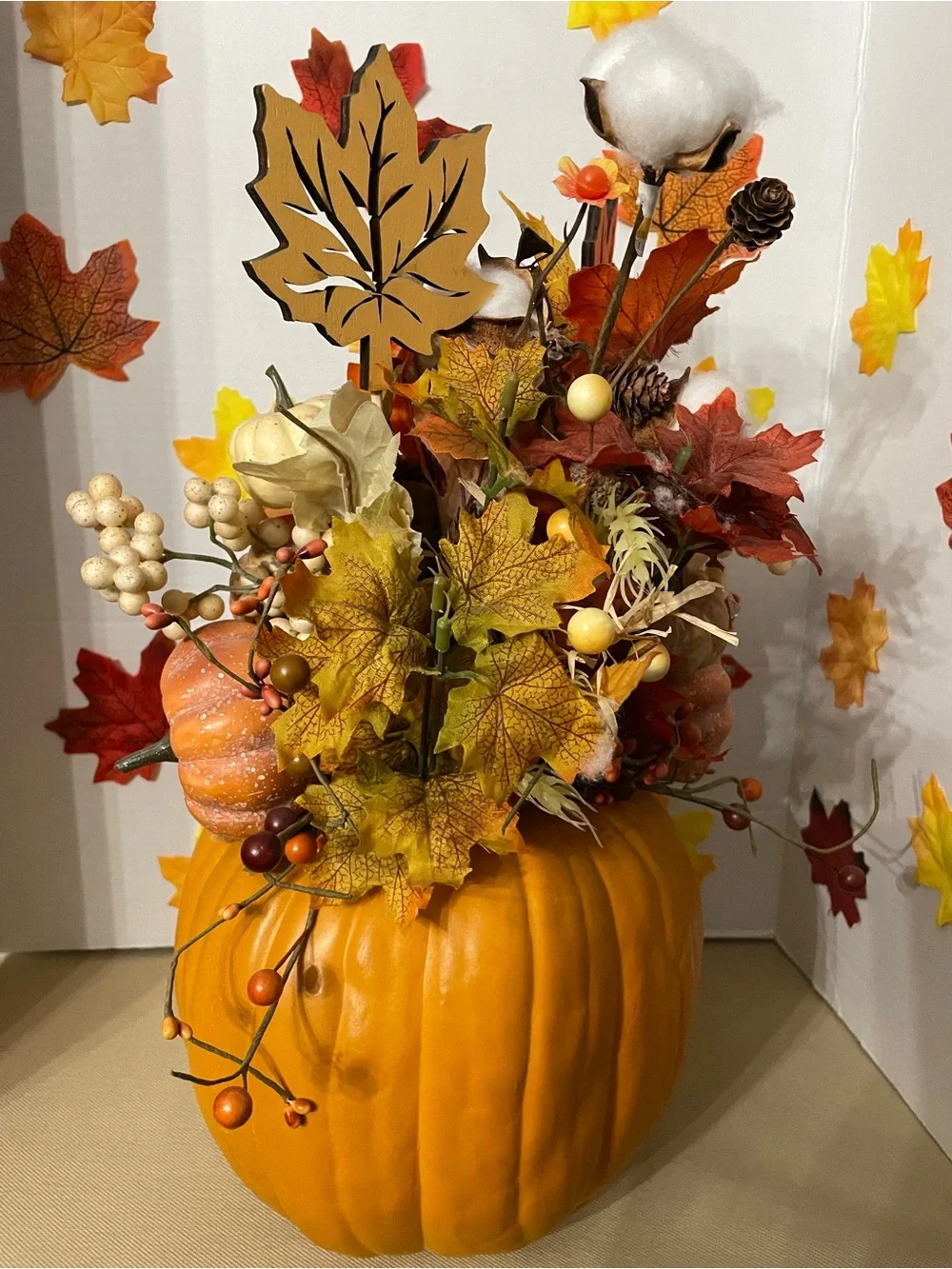 Custom handmade by Mel Autumn Pumpkin Floral Arrangement - 17” x 14” approx